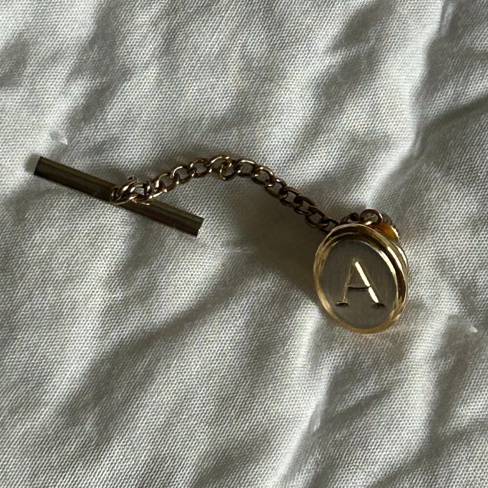 Mens Tie Tack Pin Letter A Monogram Initials Silver Gold Oval Beveled Like New - Picture 2 of 6